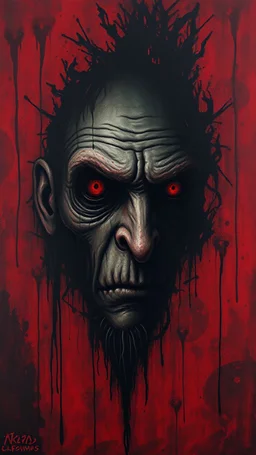 Bosch style painting , A shadow of a spirit inside an old witch face in details on red bloody background