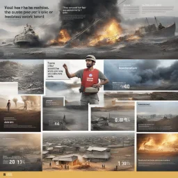 **Content Art:** A powerful PSA uses animation or motion graphics to depict the chaos that ensues when humanitarian laws are not upheld during a disaster. The PSA (by UNDP) emphasizes the importance of respecting civilian rights and ensuring everyone receives the help they need. **Appearance:** Each of these gender neutral art ideas is designed to shed light on the critical work done by various organizations in disaster management and relief operations. They aim to foster a deeper understanding