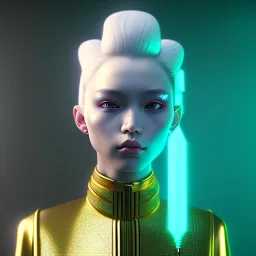 Cyber teenager, fluoride makeup, blonde, geisha style hair, white skin, pattern dress, velvet, gold, cyberpunk style, highly detailed, art stations, concept art, smooth, unreal engine 5, god rays, ray tracing, RTX, lumen lighting, ultra detail, volumetric lighting, 3d, finely drawn, high definition, high resolution, gradient background