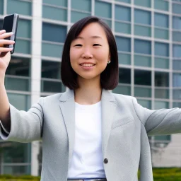 A short haired, Japanese female MBA student from MIT Sloan taking a selfie in front of Building 92 at Microsoft in Redmond, Washington