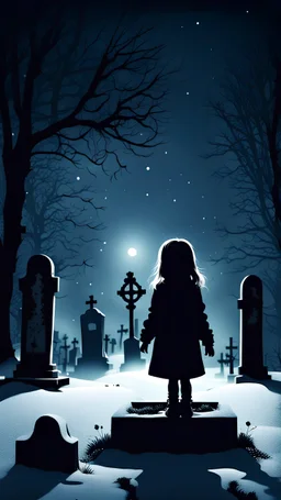 silhouette of a little girl stands near the grave in a winter cemetery at night in horror style