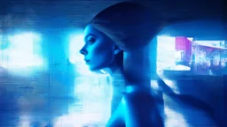 Deconstructivist architecture forming an abstract female figure, reflective metal panels, holographic advertisements projected onto cold surfaces, dramatic play of light and shadow, impossible perspective, techno-minimalist style