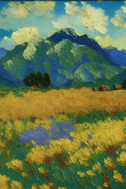 Field of flowers with mountain range by Van Gogh