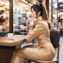 [art] At a coffee shop in a shopping district. A Japanese actress tries on a cougar suit, she has a courage head. The actress in a cougar suit with a cougar head sit inside and drink coffee. The actress's face and hair are not visible, her limbs are realistic, and the material is beige Lycra. View from the side.