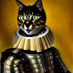 retrato de un gato con armadura montando una zebra con estilo de Rembrandt