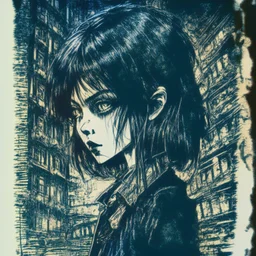 create a disturbing horror full body pen and ink sketch of a dark haired, savage, gothpunk vampire girl with highly detailed , sharply defined hair and facial features, in a dark, otherworldly London in the style of Junji Ito, precisely drawn, inked, with dramatic edges,