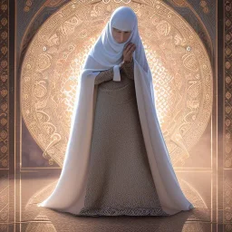 woman in flowing, white burka standing in front of a mosque with mosaic walls, high-quality, fine-detail, intricate, ornate, volumetric lighting, 8k resolution, haunting, powerful, photo-realistic, high-quality, Moe Zoyari, Brian Froud, Howard Lyon, Romain Veillon, Greg Rutowski, Anna dittmann