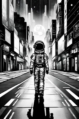 picture from a black and white line art cityscape. In the middle a color step transition photo of a little girl walking in space suit on the street, enhancing the contrast between her 3db texture and the black and white line cityscape, high digital illustration, cinematic