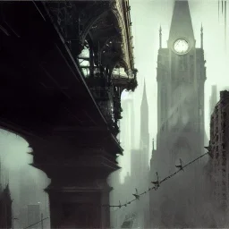 Gothic bridges between building, Gotham city by Jeremy mann, point perspective,intricate detail