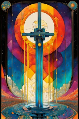 Create a chaotic abstract cubist Tarot Card depicting The Ace of Swords , in the style of Bill Sienkiewicz, Philippe Druillet, Gustav Klimt, and Jean Giraud Moebius, precisely drawn, colored and inked, with ornate bordered edges