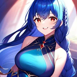 girl, masterpiece, best quality, volumetric lighting, detailed outfit, perfect eyes, blue hair, red eyes, long hair, laughing, braided ponytail,