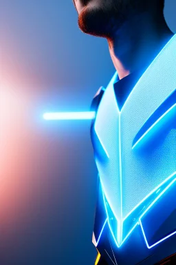 neon blue, flying parts of armor in form of triangles, cyber armor, geometric patterns on armor, male, orbiting triangle