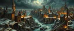 in the style of Rembrandt and Escher, During the Siege of Dorn, the city was lost, walls cracked under war and frost. A desperate mage called wild magic near, not to command it—but to let it hear. The spell went wrong in every way— the river reversed, then chose to stay. It flowed uphill through broken stone, and d