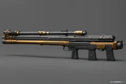 Goldmember rifle rail gun double cannon with bayonets munition belt Original concept design rendering with Blender, Substance painter, Photoshop, Marmoset toolbag 22.7k tris, 21.4k vertices, 4k textures. in a sci-fi armoury