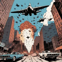 escenario de explociones en las calles e nueva york, con aviones caza volando en el cielo, con la perspectiva de abajo hacia arriba y dibujo estilo marvel comics