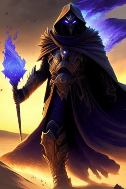 Thanos is the god of power and evil The commander wears a black cloak and a long coat with long combat boots and a long spear with a hat under his cloak with blue flame eyes, a sword like a spear The sun in the palm of a brave man in the middle of the desert A battle iron suit with the ability to fly, made for humans