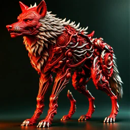 Wolf humanoide,mitad hombre mitad Wolf, calidad ultra, hiperdetallado, intrincado, maximalista, colores plateado y rojo, 8k 3D