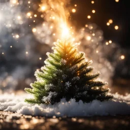 Extreme Macro Photography, HD, Photo Realistic. Centered. Linear perspective,merry christmas, christmas tree, smoke trailing out chimney, white snowflakes falling . Backlit by very soft golden glow lighting