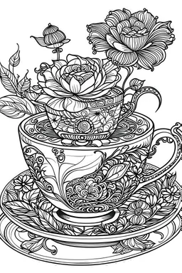 Outline art for coloring page, AVANT GARDE DRAWING ONE ENGLISH TEACUP, coloring page, white background, Sketch style, only use outline, clean line art, white background, no shadows, no shading, no color, clear