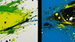A high-angle and close-up view of an abstract painting. The painting is predominantly white, with black speckles on the left side overlapping at the top and bottom, creating a horizontal strip of blue running through it. The right side of the frame is predominantly black with dark green speckles where the yellow is closer, and the left side is thinner. It has a slight vertical line where the yellow and green triangles intersect, and two squares are in the center of the central circle. This squar