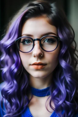 girl with wavy purple hair and clear glasses pretty with eyeliner