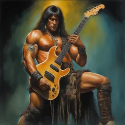 Conan the Barbarian dressed as an extremely muscle-bound 20th century heavy metal guitarist, dark, multicolored watercolor stained wall in the background, oil painting in the art style of Boris Vallejo, 32k UHD, Hyper realistic, photorealistic, realistic, sharp, highly detailed, professional quality, beautiful, awesome, majestic, superb, trending on artstation