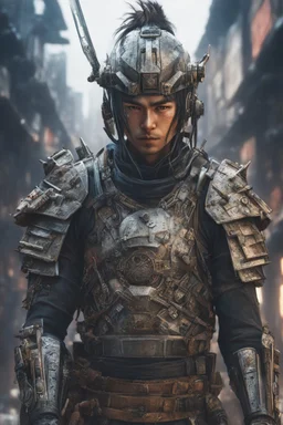 Portrait of Anime depiction of a cybernetic samurai in a post-apocalyptic setting, focusing on the intricacies of the armor and weaponry, 8k realistic