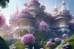 a magical crystal flower lys bougainvillier, blue gold house indian palace castle in the woods, , concept art, smooth, sharp focus, illustration, 8k, splash art, wallpaper, key visual