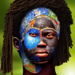 african head portrait, warrior costume, village, meditation, woods, galaxy sky, 8k quality