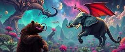 promenade portrait of a bear ant eater squid elephant horse dragon floating in 4 dimensions, goa trance movie poster, stylized art, weird endless plants