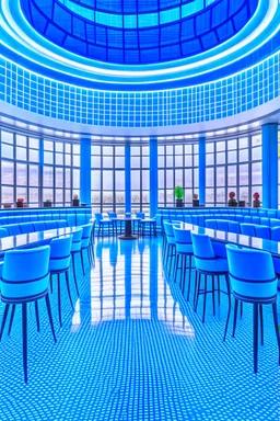 A restaurant with the outer shape of the walls in blue and a white floor and it contains one table in the middle of the restaurant in the form of a bar and the shape of the walls is oval containing 30 chairs and the walls are made of glass