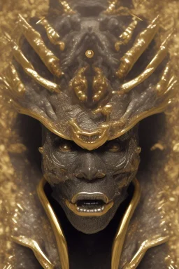 shiny black male African Egyptian alien, cracks in the voodoo head, wicked, eyes, crown, Elephant, 8k, finely detailed, photo realistic, tiger turquoise skull head gold dragon space alien snow skeleton gold horny toad silver crown silver eyes