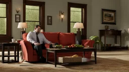 big and tall alex sits on broken squeaky couch far away from his unhappy wife