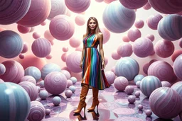 beautiful full body with long boots and midi dress lady in surreal stage made of fractal random size spheres with helical strip colors in clothing similar to environment full body posing to camera