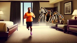 AN adult running in hotel room from a pet tarantula