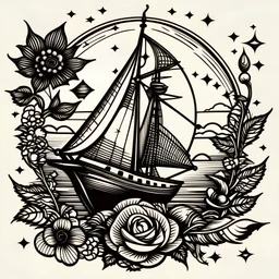 Traditional Old School Tattoo Design featuring a Guitar, flowers, the Sun, a Compass, and a Sailboat sailing over the sea waves, simple and small, Tattoo Art. Few lines, fewer details stylized, sketch, black and white.