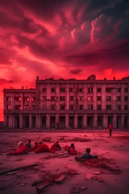 Abandoned districts building in a big City, red clouds in the sky with many dead children laying on the ground