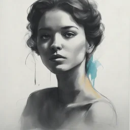 Blue ink sketch of a woman, orange, pink, turquoise, yellow colors