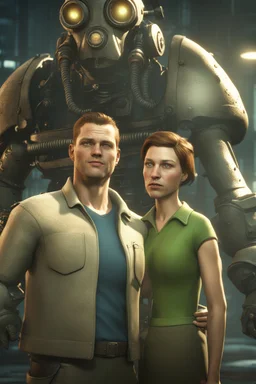 Nico Belic and woman in fallout 4 setting, bokeh, downlight, prize winning, depth of field, monster in background, stereoscopic cartoon storyline grid