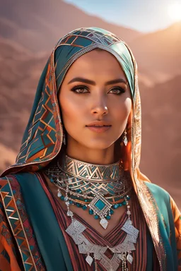 Young Arabian woman, detailed, hyper realistic, wearing Arabian a vibrant Amazigh dress adorned with geometric patterns,hijab, silver jewelry glinting in the sun, standing proudly in the Atlas Mountains.