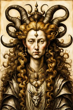 a Flemish Renaissance era ink wash and watercolor illustration of an otherworldly, richly adorned, demoness , highly detailed hair and facial features, in the style of Pieter Brueghel, Jan van Eyck, Quentin Matsys, and Hieronymus Bosch, aged canvas, antique craquelure finish, archaic museum quality masterpiece, 4k