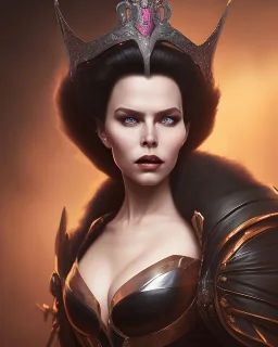 evil queen in black leather gown, busty, cleavage, angry, emperious, 8k resolution concept art portrait by Greg Rutkowski,