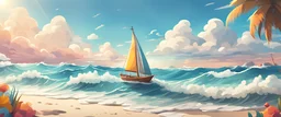 Background: an ocean on a colorful sunny day landscape, clouds, cartoon asset, clean. Details: large sailboat in the right third of the image, beach shore in the left third of the image, waves, sunshine. Camera: side angle, 45°, 25 mm. Lighting: high noon sun, LED lights. cartoon style