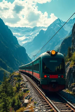 A future train , rides in stunning mountain landscape, mountain gorge, bright color palette, high detail, perfect composition, cinematic shot, intricate details, hyperdetail