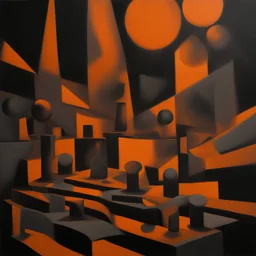 oil painting of dark orange shapes and stage lights, black