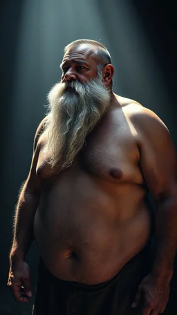 Full human figure shot photo captures a chubby 34-year-old turkish farmer, burly frame with a prominent broken nose, an extensive silver beard cascading down, emanating strength through a muscular, beefy physique, shirtless to reveal a robust chest and wide shoulders, side-lit in a shadowy space, perspective from the ground, photorealistic, ultra clear, dramatic lighting, cinematic.