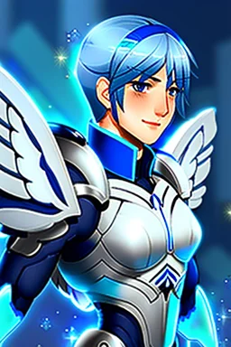 a human male with blue short hair and blue wings in assymetrical armor with geometric patterns and a book in hand