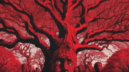 red tree, highly detailed, beautiful desktop wallpaper, comic style, many human faces on tree