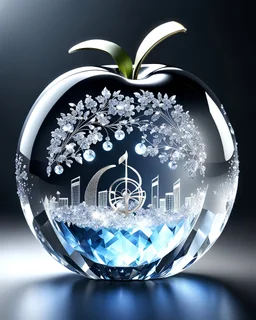High quality, 8k, ultra HD, musical notes and musical instrumentos shapes inside an apple made of crystal, by Yukisakura high detailed.