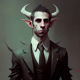 man in a suit and vest with elf ears and dragon horns looking impatient